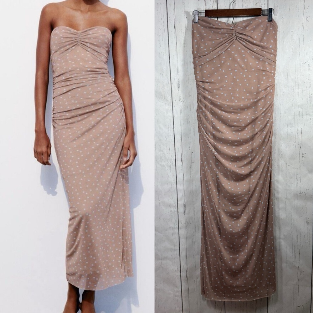 Zara Strapless Polka Dot Midi Dress Nude Beige Ruched Bodycon XL Neutral Classy - Picture 1 of 15